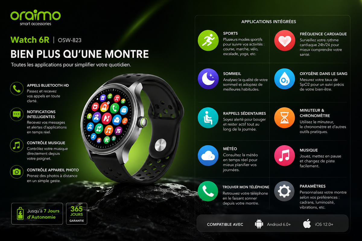 Oraimo Watch 6R – Élégance, Santé et Performance au Poignet