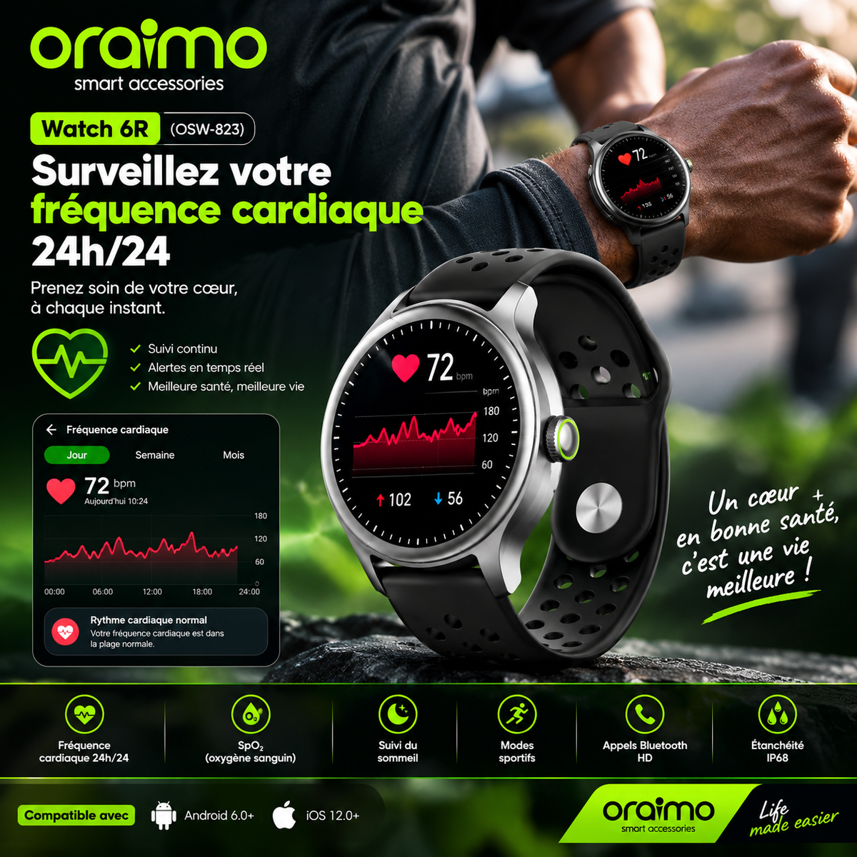 Oraimo Watch 6R – Élégance, Santé et Performance au Poignet