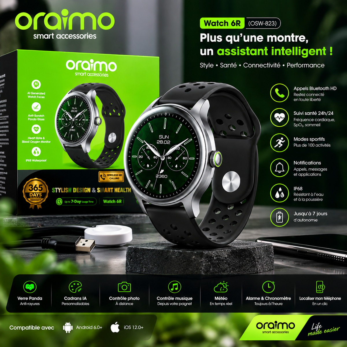 Oraimo Watch 6R – Élégance, Santé et Performance au Poignet